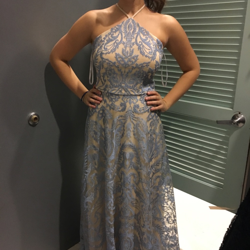 light blue halter prom dress